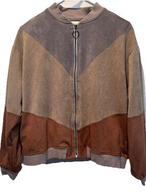 Paper Crane Gray Brown Color Block Womens Suede Bomber Jacket L Cozy Casual